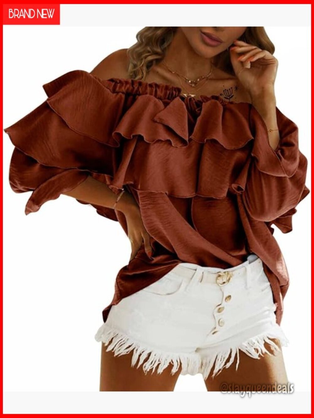 Off Shoulder Ruffle Blouse Long Sleeve Layered Top Relaxed Fit Polyester Blend